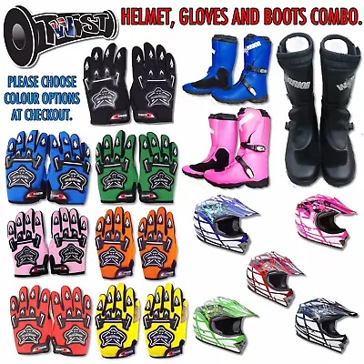 Peewee Kids Mx Dirt Bike Motocross Helmet Gloves And Boots Kit Green • $349