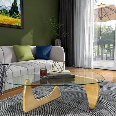 Mid-Century Coffee Table Natural Wood Base Clear Glass Triangle 12MM • $299