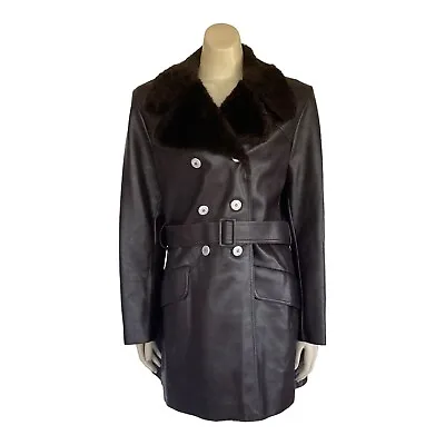 Vintage LA PASTORALE Size 16 Faux Fur Collar PVC Coat Button Front Pockets Brown • $58.90