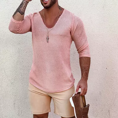 Men Loose Casual Deep V-Neck Short Sleeve Thin Style Mid-Sleeve T-Shirt Top Vest • $20.40