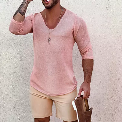 Men Short Sleeve Thin Style Loose Casual Deep V-neck Mid-Sleeve T-shirt Top • $21.33
