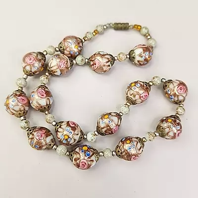 Wedding Cake Beaded Necklace Vtg Venetian Aventurine Pink Blue Flowers 19  • $102