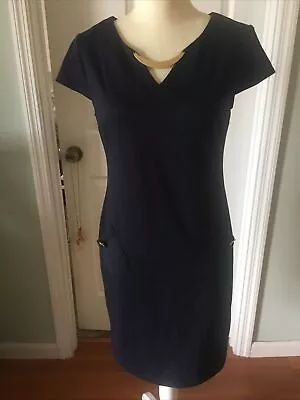 AA Studio Dress Sz 10  Stretch 2 Pocket Sheath Short Sleeve Dark Navy • $14.95