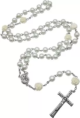 Pure White Pearl Beads Rosary Necklace Rose Lourdes Medal & Cross Crucifix • $12.90