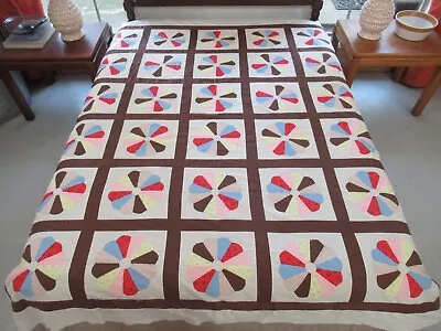 Vintage 1980's Cotton Applique DRESDEN PLATE Quilt TOP; 87  X 76 ; Good! • $26