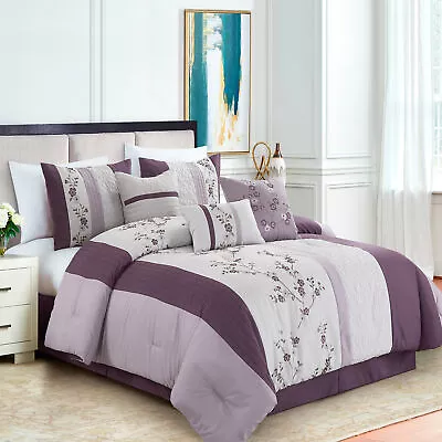 7-Piece Purple Pleated Stripe Embroidered Floral Cherry Blossom Comforter Set • $93.99