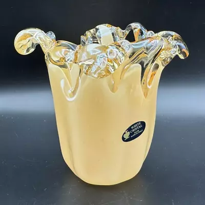 WHITE CRISTAL Venetian MURANO Sommerso Art Glass SPLASH VASE White PEACH Italy • $39.95