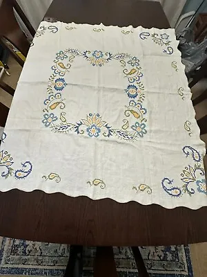 Vintage Embroidered Floral Tablecloth Blue Green Yellow Apx 44  X 46  • $42.49
