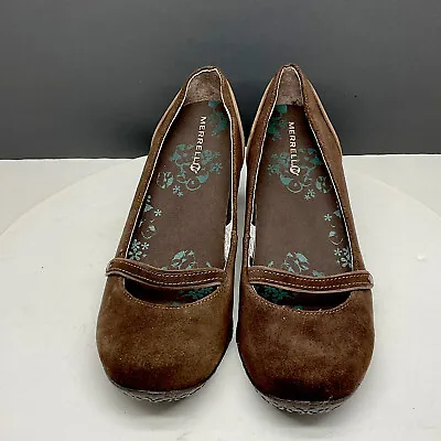 Merrell Shoes Women 9 Petunia Mary Jane Slip On Wedge Vibram Suede Brown J46224 • $32.89