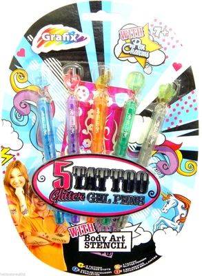 £3.49 • Buy Body Art Temporary Tattoo Marker Pens Glitter Gel Ink 5 Colours & Stencil 00263