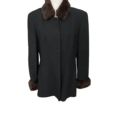 Vintage Rickie Freeman F Black Coat Jacket Wool Blend Faux Fur Lined Sz 8 EST • $55