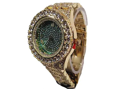 Techno Pave Gold Tone Bezel & Green Face Band Studded Faux Diamond Mens Watch • $22.99