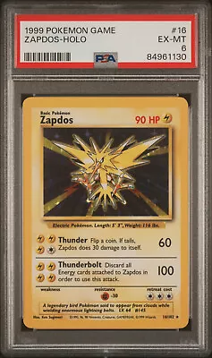 Pokémon TCG Zapdos Base Set 16/102 Holo Unlimited Holo Rare PSA 6 Regrade Clean • $28.90
