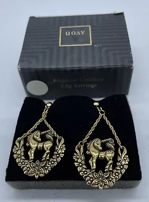 Vtg Avon Mystical Unicorn Clip Earrings Dangle Gold Tone Pony Fairytale Horse • $20.77