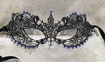 Black Masquerade Mask Sapphire Glass Diamantes Masked Balls New Years Party 2023 • £11.75