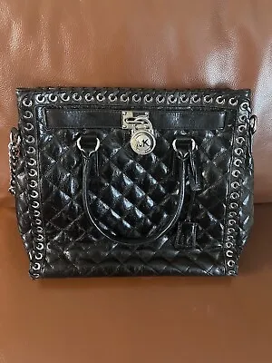 MICHAEL KORS HAMILTON Grommet Quilted Leather Large Satchel Purse Handbag BLACK • $125