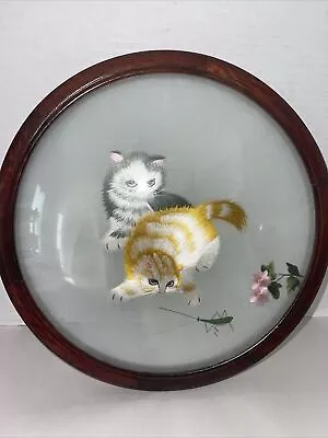 Vintage Chinese Cat Silk Screen Embroidery Chasing Cricket Double Side Glass 10” • $35.95