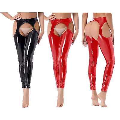 Sexy Womens PVC Leather Wet Look Thigh-High Tights Suspender Pants Nightclub • $17.79