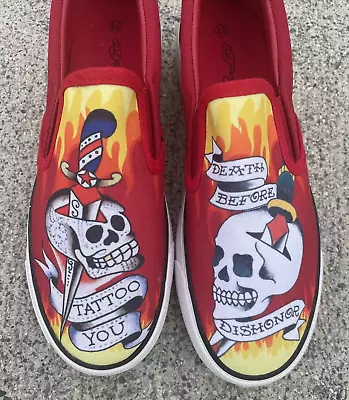 ED HARDY No Lace Tattoo You SKULL FIRE Sneakers Womens Sz 10 BRAND NEW ❤️blt11j5 • $75