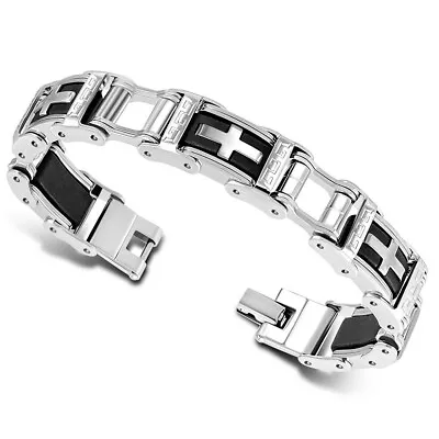 Stainless Steel Silver-Tone Black Gold-Tone Cross Mens Link Bracelet • $17.99