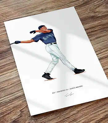Ken Griffey Jr Seattle Mariners Illustrated Baseball Print Poster Motion 2 Art • $19