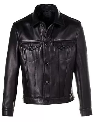 Men's Black Spring/Fall/Autumn Trucker Moto Biker Jacket Lambskin Leather Jacket • $215.20