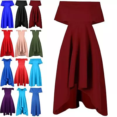£9.49 • Buy New Womens Off Shoulder Dip Hem Ladies Ruffle Frill High Low Skater Midi Dress