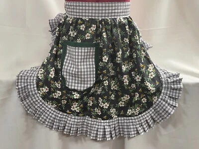 RETRO VINTAGE 50s STYLE HALF APRON / PINNY - GREY FLORAL WITH GREY GINGHAM TRIM • £20.99