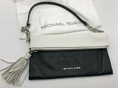 Michael Kors Tonne Black White Silver Pebble Leather Foldover Clutch Bag Tassel • $80.50