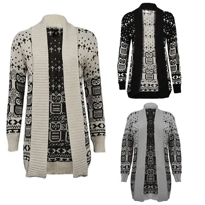 £13.99 • Buy Womens Ladies Owl Print Knitted Long Sleeve Jumper Open Cardigan Plus Size 8-26