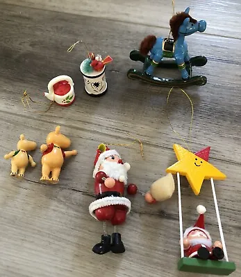 Group Of Vintage Wooden Ornaments Rocking Horse Springy Santa & Santa On Swing • $14.50