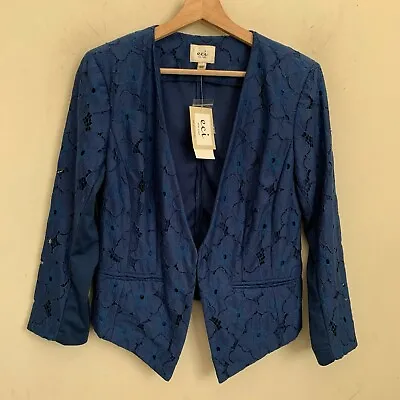 ECI New York Womens Jacket Blue V-Neck Lace 3/4 Sleeve Hook Lined Size 10 NEW • $29.95