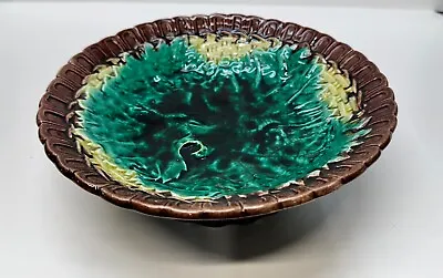 Antique Majolica Basketweave & Leaf Footed Compote Pedestal Bowl  9” • $78