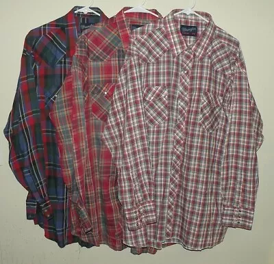 Lot 3 Wrangler Men's 19-37 3XL LS Western Pearl Snap Shirts Red Plaid XL Tails • $19.47