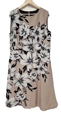 The Collection Debenhams Beige Black Floral Crepe Like Lined Midi Dress Size 18 • £10