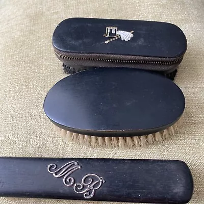 Vintage Men’s  Grooming Brush Manicure /Razor Set In Lid & 2 Dark Wood Brushes • $12.63