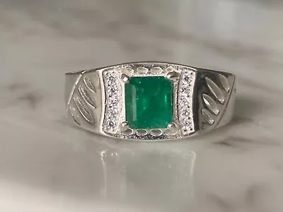 Size 10 Genuine Colombian Men Emerald Ring Silver 925 Real Natural 0.9 Ct • $350