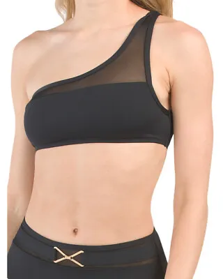 La Blanca Womens Bikini Top 10 Black Mesh Insert One-Shoulder Stretch Bra $79 • $14.99