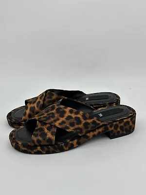 $28.50 • Buy Zara Satin Animal Printed Slides Sandals Women 36 US 6 Brown Leopard Cross Strap