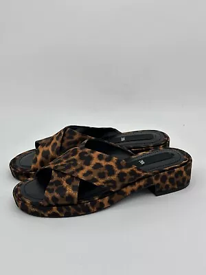 Zara Satin Animal Printed Slides Sandals Women 36 US 6 Brown Leopard Cross Strap • $28.50