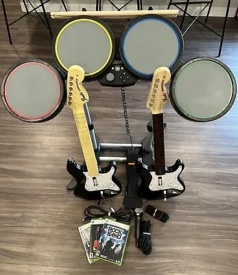$279.95 • Buy Xbox 360 Rock Band BUNDLE Tested Wired Drums Mic Guitar Controller Game Lot