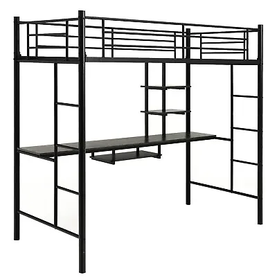 3.5FT Single Metal Loft Bed Frame High Sleeper Bunk Bed W/ Desk Storage Shelves • £179.95