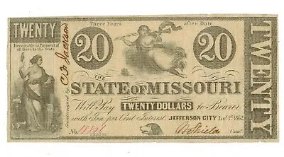 1862 Jefferson City THE STATE OF MISSOURI $20 Obsolete Currency • $125