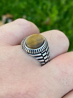 Mens Real Solid 925 Sterling Silver Tiger's Eye Signet Ring Round Pinky Sz 7-13 • $36.34