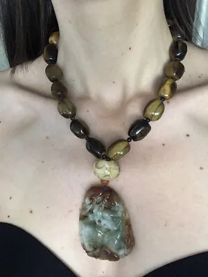 OOAK Tiger Eye Sunstone And Lapis Necklace With Carved Jade Dragon Pendant • $90