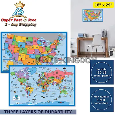 $15.54 • Buy 2 Pack Laminated World And USA Map Wall Chart United States Map Poster Education