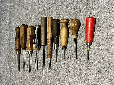 10 Vintage Leather Awl Punch Ice Picks With Wooden Handles - 8 1/2  - 4 3/8  • $7.95