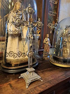 Big Antique Art Nouveau Metal Filigree Chapel Standing  Cross Crucifix  Corpus • $150