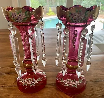 2 Bohemia 10” Ruby GLASS Lustres Mantle Gold Cased W/ Enameled Florals Candles • $580