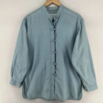 J.JILL Shirt M Chambray Mandarin Knot Button Tunic Cotton Long Sleeve HK Vintage • $34.99